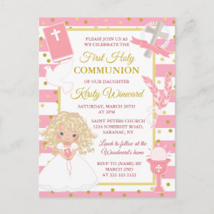 Pink Stripe Blonde Girl First Communion Postcard