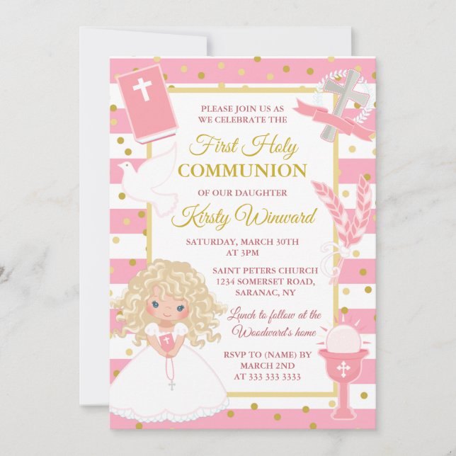Pink Stripe Blonde Girl First Holy Communion Invitation (Front)