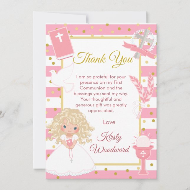 Pink Stripe Blonde Girl First Holy Communion Thank You Card (Front)