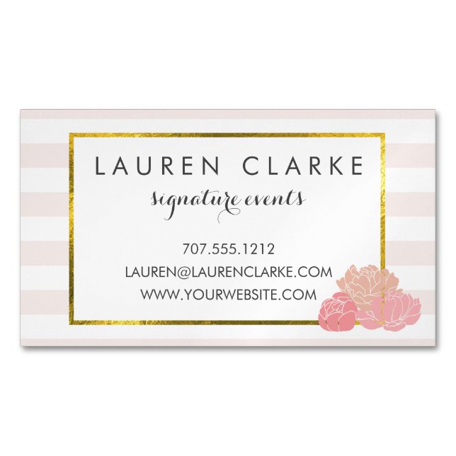 Pink Stripe & Blush Peony Magnetic Business Cards (Front)