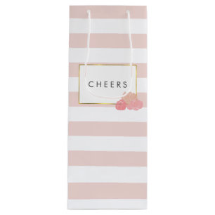 Pink Stripe & Blush Peony Personalised Wine Bag