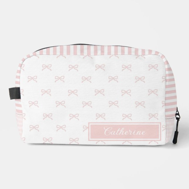 Pink Stripe Bow Pattern Gingham Coquette Cosmetic  Dopp Kit (Front)