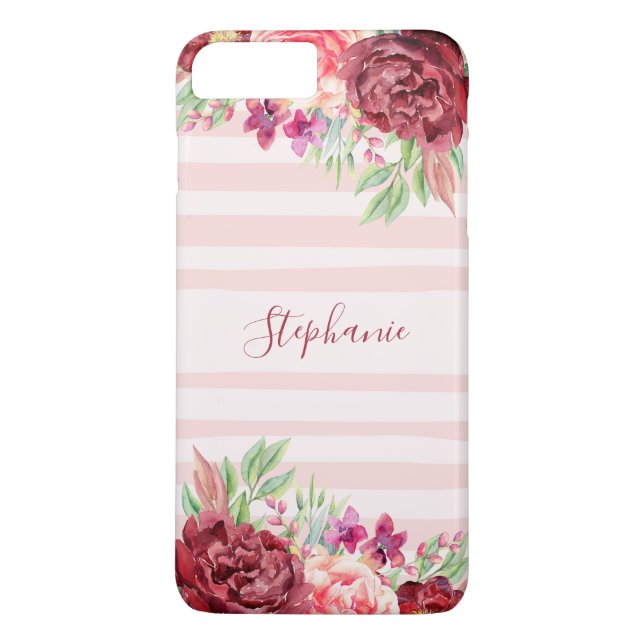 Pink Stripe Bugundy Floral Personalised Case-Mate iPhone Case (Back)