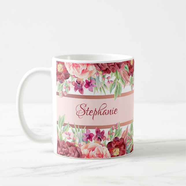Pink Stripe Burgundy Floral Personalised Name Coffee Mug (Left)