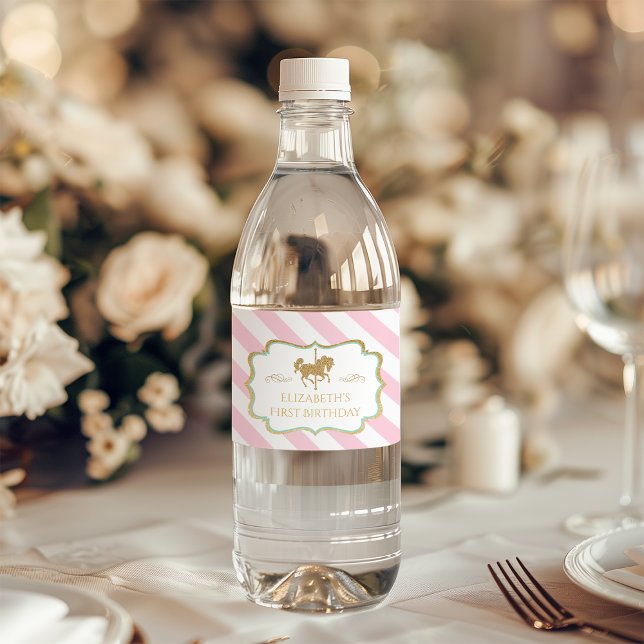 Pink Stripe Carousel Themed Water Bottle Labels (Pink Stripe Carousel Themed Water Bottle Labels)
