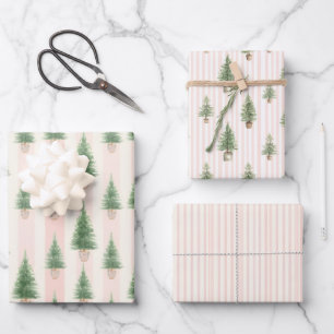 Pink Stripe Christmas Tree Watercolor Holiday Wrapping Paper Sheet
