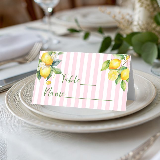 Pink Stripe Citrus Lemon Ciao Bambina Place Card (Pink Citrus lemon Baby Shower decor table place card)