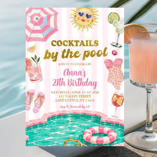 Pink Stripe cocktails by the pool birthday Invitation