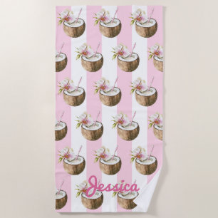 Pink Stripe Coconut Drink Beach Towel