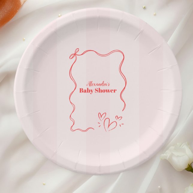 Pink Stripe Coquette Bow  Baby Shower Paper Plate (Creator Uploaded)