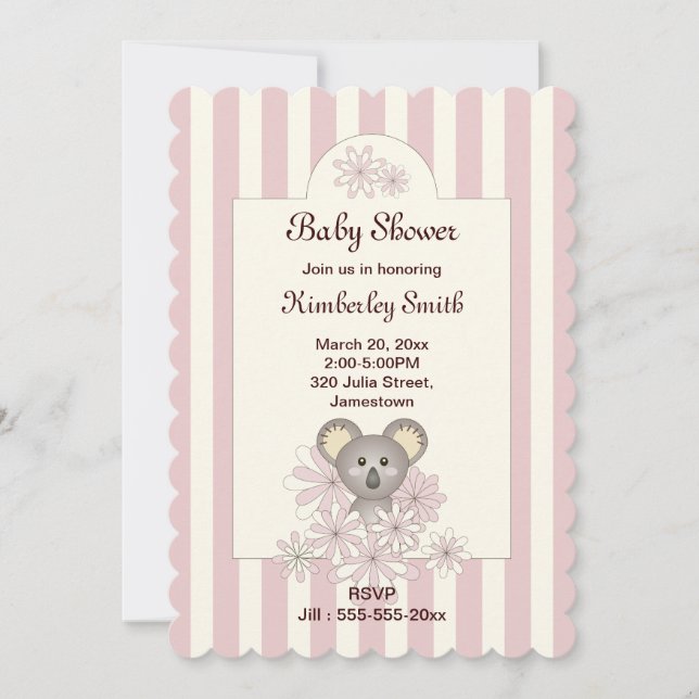 Pink Stripe Cute Koala Baby Girl Shower Invitation (Front)