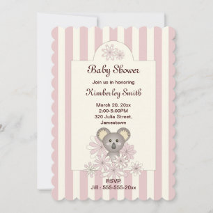 Pink Stripe Cute Koala Baby Girl Shower Invitation