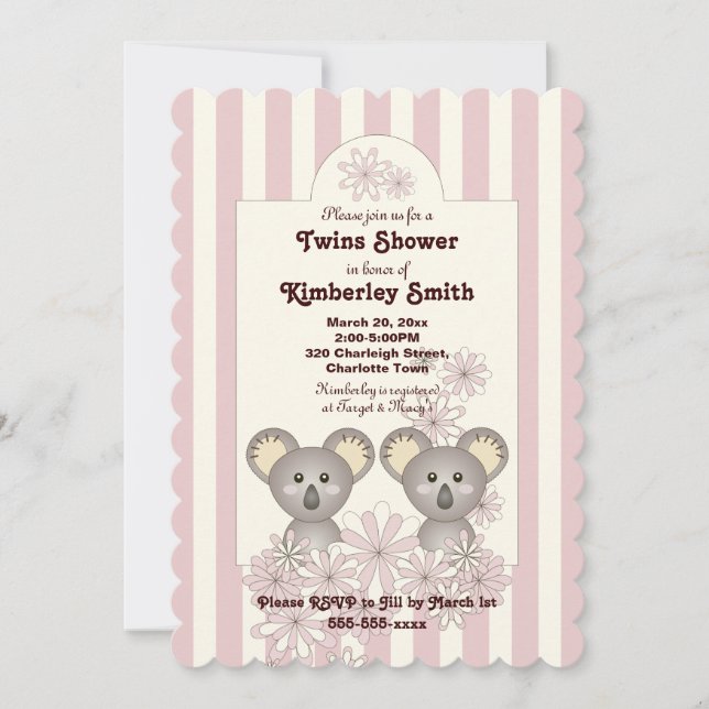 Pink Stripe Cute Koala Twin Girl Baby Shower Invitation (Front)