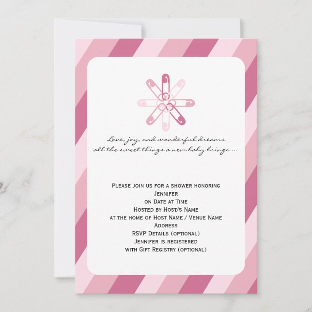 Pink Stripe Diaper Pin Baby Girl Shower Invitation (Front)