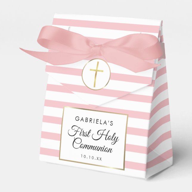 Pink Stripe Elegant Gold First Holy Communion Favour Box (Front Side)
