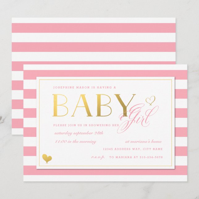 Pink Stripe Faux Gold Baby Girls Shower Invitation (Front/Back)