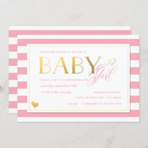 Pink Stripe Faux Gold Baby Girls Shower Invitation