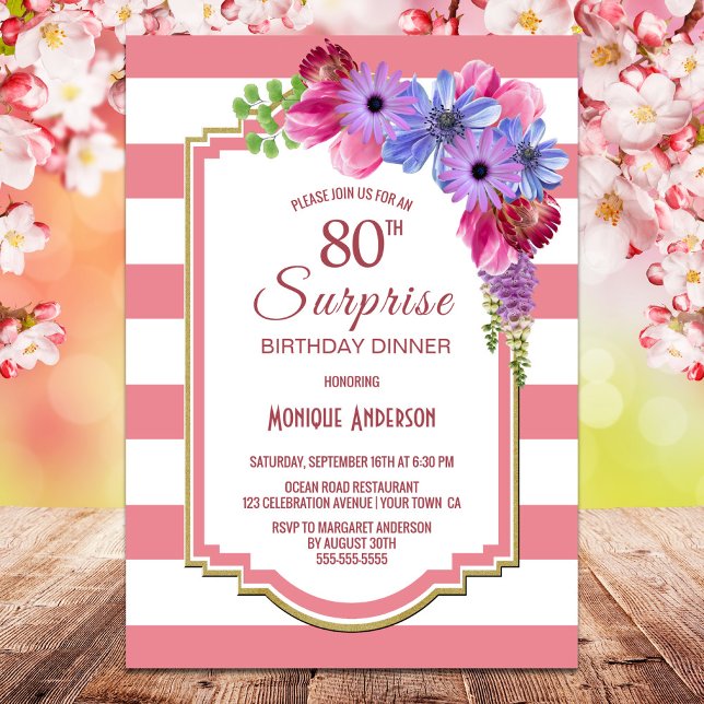 Pink Stripe Floral Surprise 80th Birthday Dinner Invitation (Creator Uploaded)