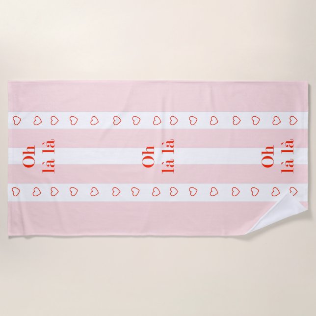 Pink Stripe French Theme Slogan Beach Towel (Front)