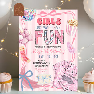 Pink Stripe Girls just wanna have fun pajama party Invitation