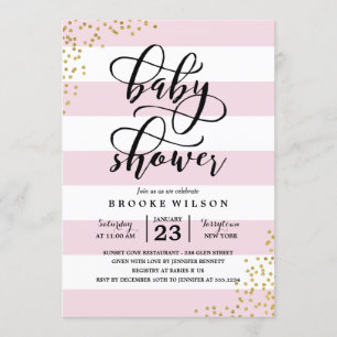 Pink Stripe Glitter Dots Baby Shower Invitation