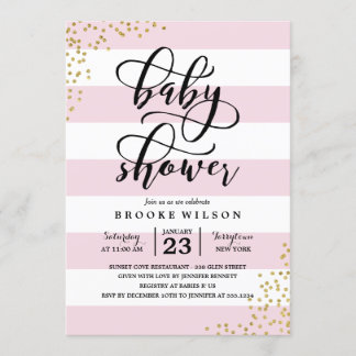 Pink Stripe Glitter Dots Baby Shower Invitation