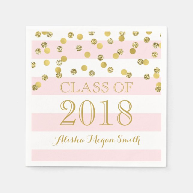 Pink Stripe Gold Confetti Class of 2018 Graduation Napkin (Front)