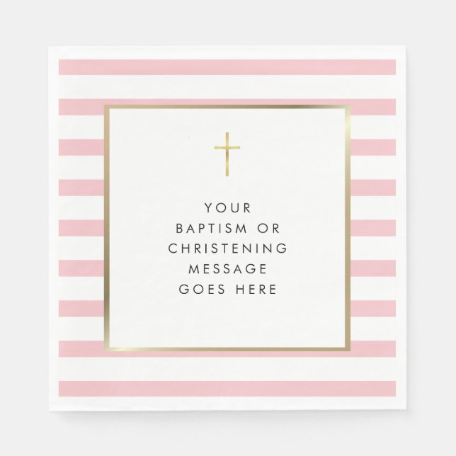 Pink Stripe Gold Cross Baptism Christening Message Napkin (Front)
