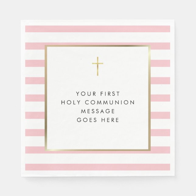 Pink Stripe Gold Cross Holy Communion Message Napkin (Front)