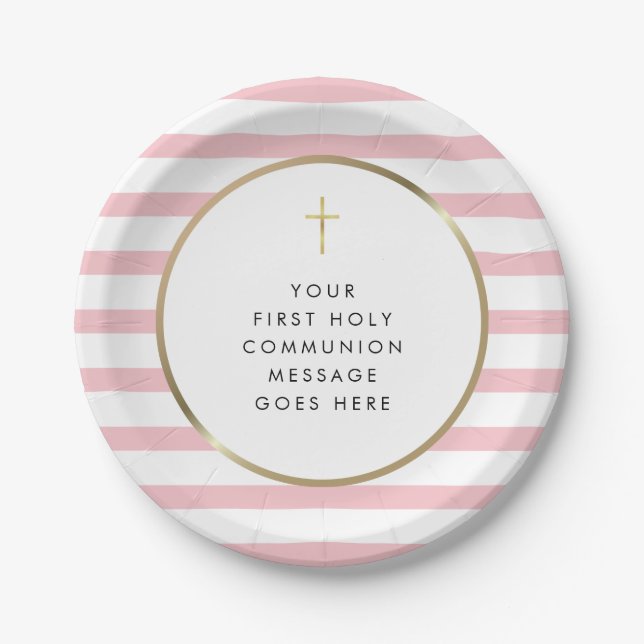 Pink Stripe Gold Cross Holy Communion Message Paper Plate (Front)