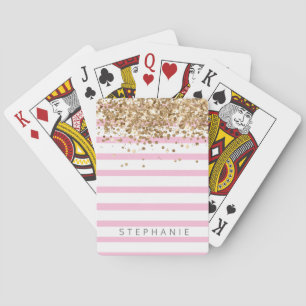 Pink stripe gold glitter custom name playing cards