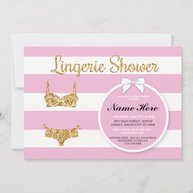 Pink Stripe & Gold Lingerie Shower Bridal Invite (Front)