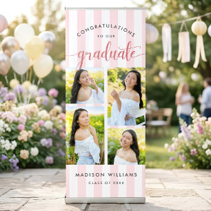 Pink Stripe Grad Rose Glitter Script Photo Collage Retractable Banner