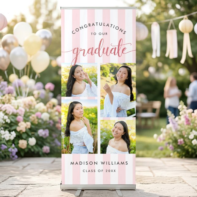 Pink Stripe Grad Rose Glitter Script Photo Collage Retractable Banner (Creator Uploaded)