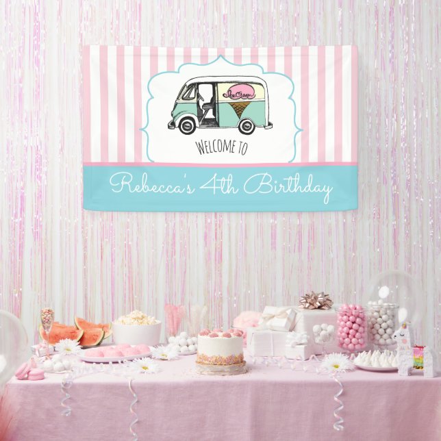 Pink Stripe Ice Cream Truck Birthday Banner (Party)