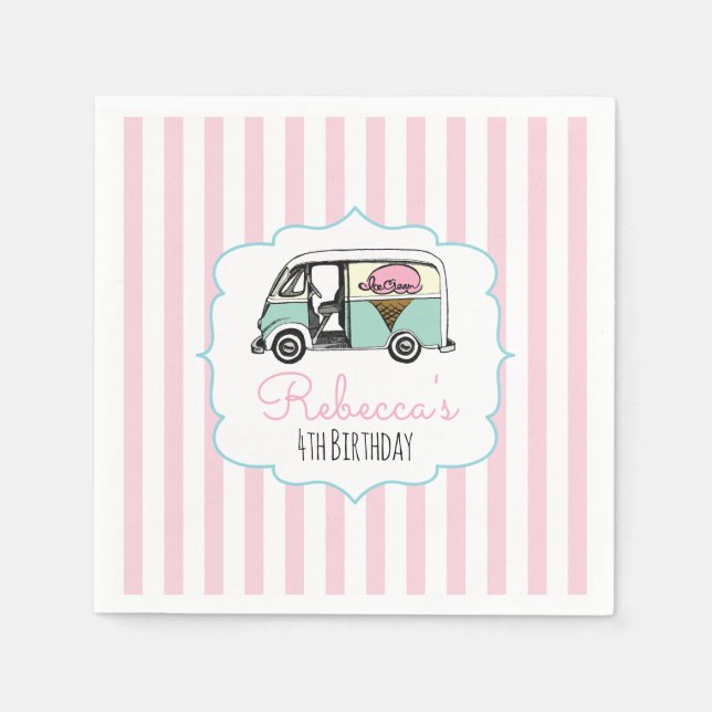 Pink Stripe Ice Cream Truck Birthday Paper Napkins (Front)