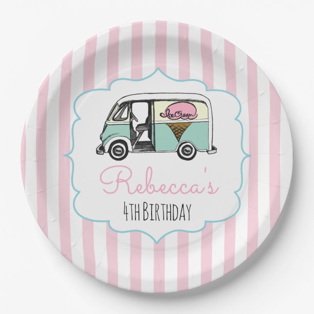 Pink Stripe Ice Cream Truck Birthday Paper Plates (Front)