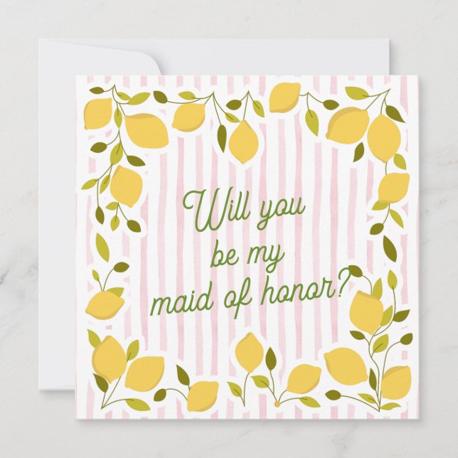 Pink Stripe & Lemon Bridesmaid Proposal Card (Front)
