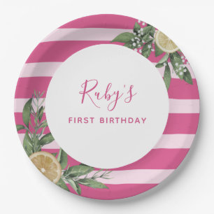 Pink Stripe Lemon Citrus First Birthday Party  Paper Plate