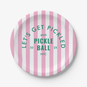 Pink Stripe Let's Get Pickled Après Pickleball  Paper Plate