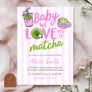 Pink Stripe Modern Matcha Baby Shower Invitation