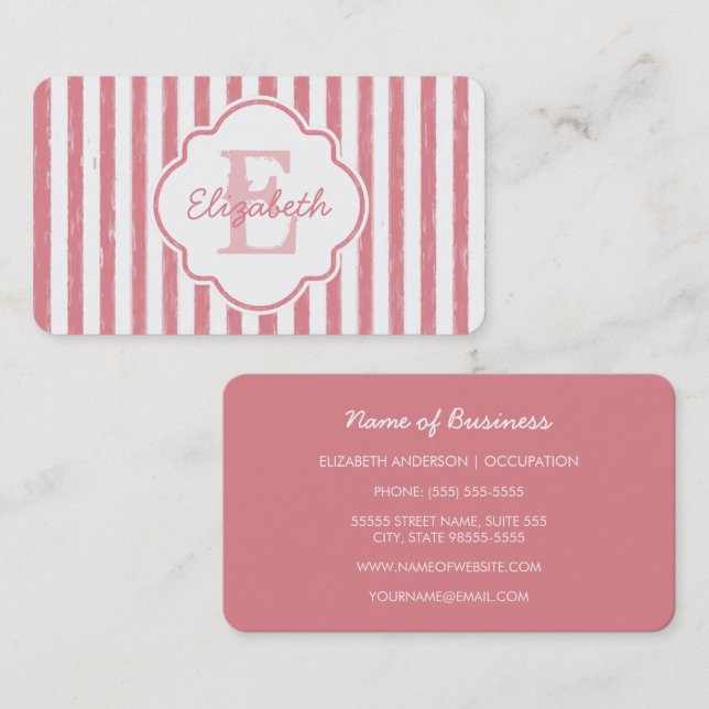 Pink Stripe Monogram Name Design Business Card (Front/Back)