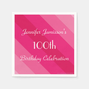 Pink Stripe, Name, 100th Birthday Party Paper Napkin