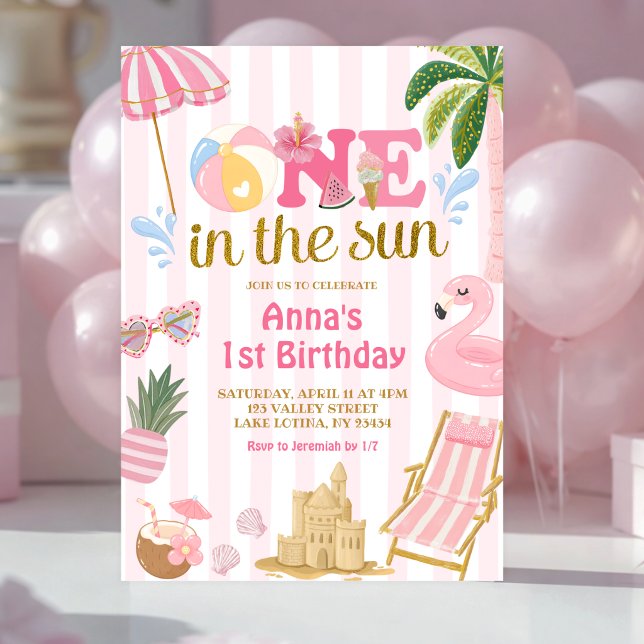 Pink Stripe ONE in the sun beach invitation (Creator Uploaded)