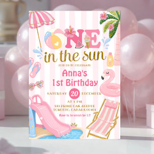 Pink Stripe One in the sun Pool party Birthday Invitation