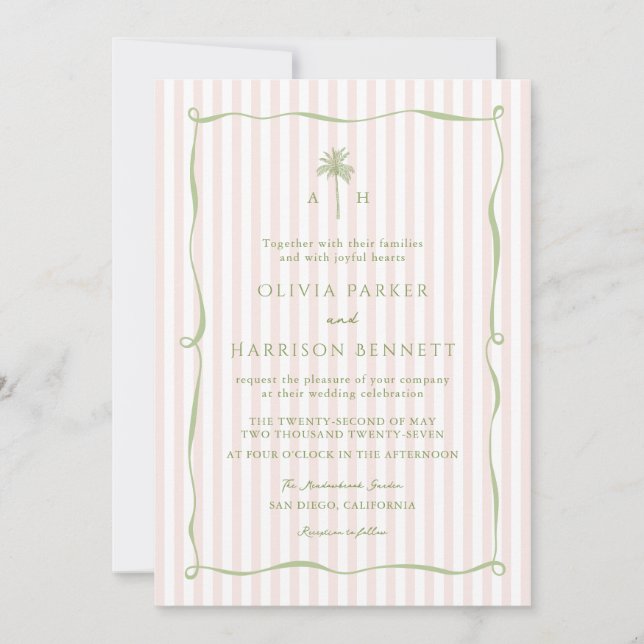 Pink Stripe Palm Tree Tropical Wedding Invitation (Front)