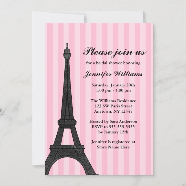 Pink Stripe Paris Bridal Shower Invitation (Front)
