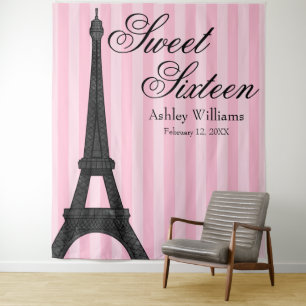 Pink Stripe Paris Themed Sweet 16 Backdrop Tapestry