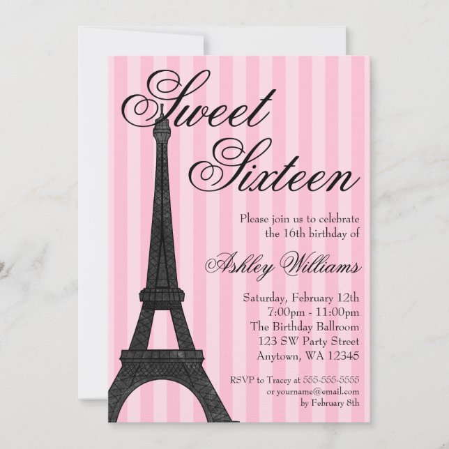 Pink Stripe Paris Themed Sweet 16 Birthday Invitation (Front)