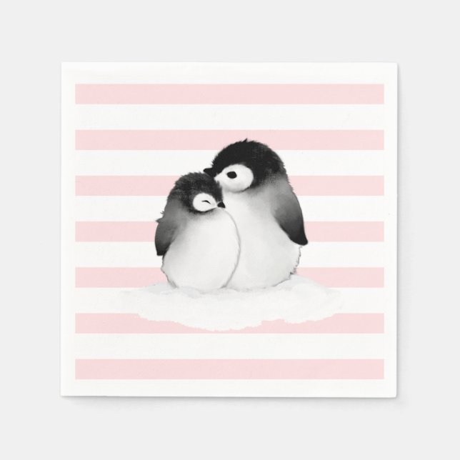 Pink Stripe Penguin Party Decor Paper Napkins (Front)